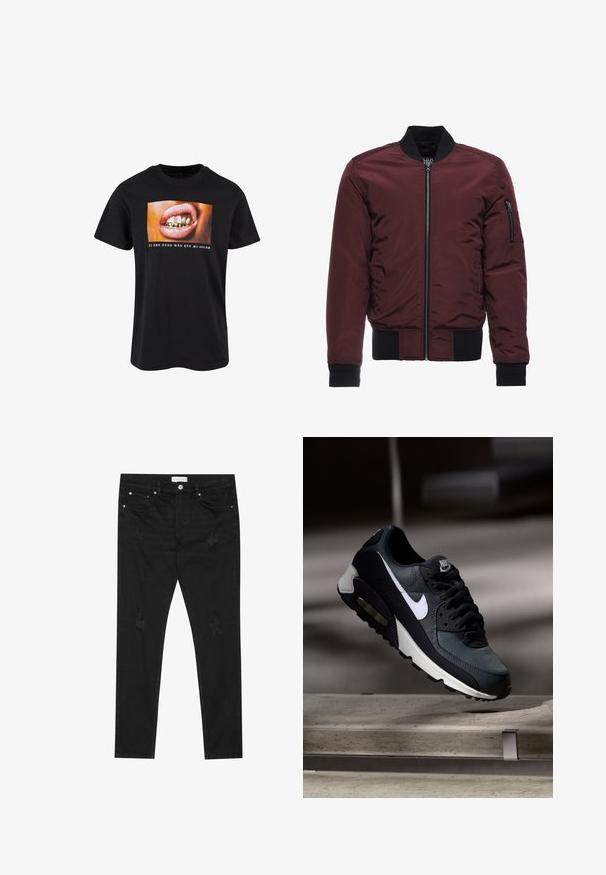 Burgundská bomber bunda so zipsom, rebrovanými manžetami a lemom, a vreckom na zips na rukáve. Hladká, lesklá látka s vypchávkovým vzhľadom.; Čierne bavlnené tričko s grafikou otvorených úst so zlatými zubami a ružovými perami, pod ktorými je biele písmo na farebnom pozadí.; Čierne slim-fit džínsy s jemnými poškodenými miestami, kovovým gombíkom, prednými vreckami a etiketou Pier One na páse.; Čierno-sivá teniska Nike Air Max s bielym logom, zavesená nad betónovým povrchom na rozmazanom tmavom pozadí.