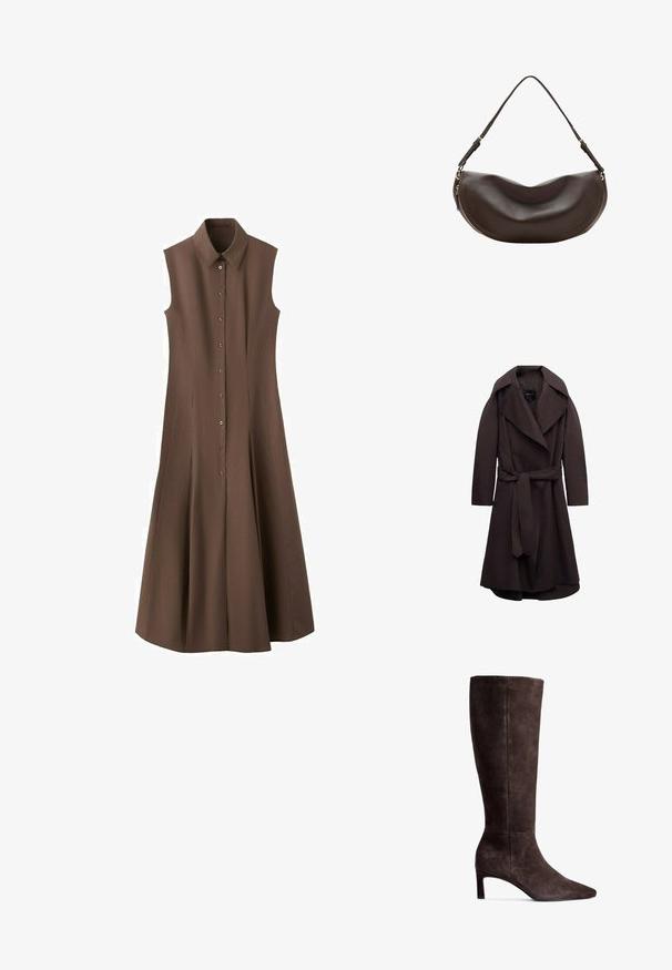 Donkere bruine lange trenchcoat met brede revers en een bijpassende stoffen riem gestrikt in de taille, weergegeven op een witte achtergrond.; Mouwloze bruine midi-jurk met kraag en knoopsluiting aan de voorkant, met een uitlopende rok en getailleerde naden.; Bruine suede kniehoge laars met een puntige neus en een hak van 7,5 cm. Glad textuur, slanke silhuet en minimalistisch ontwerp.; Donkerbruine leren schoudertas met een gebogen vorm, verstelbare riem en een gouden rits langs de onderrand.