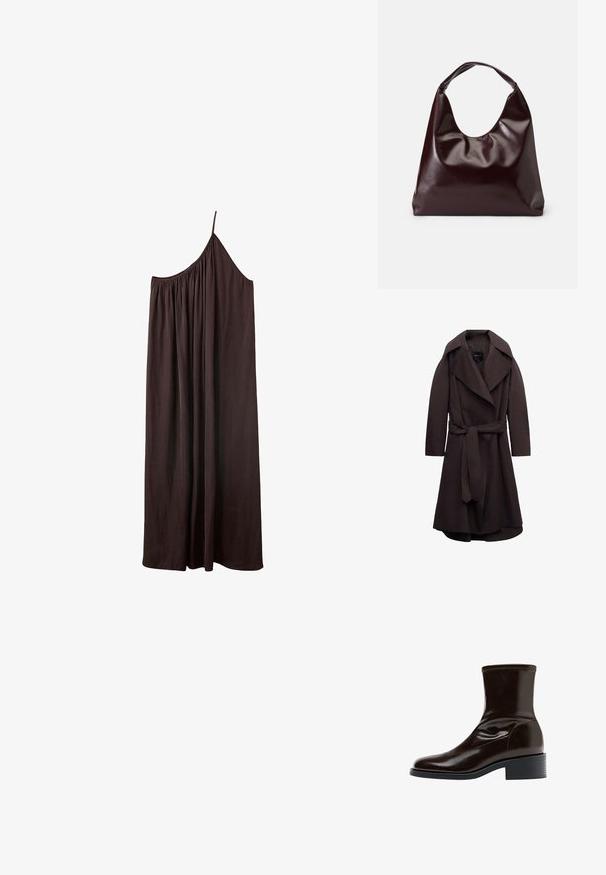 Trench-coat long marron foncé avec de larges revers et une ceinture assortie en tissu nouée à la taille, présenté sur un fond blanc.; Robe longue asymétrique marron foncé avec une fine bretelle et un tissu froncé au niveau de l'encolure sur fond blanc.; Bottine en cuir marron foncé avec bout carré, petit talon bloc et détail surpiqué autour du bord supérieur, vue de profil.; Sac en cuir vegan bordeaux, brillant, avec une forme douce et sculpturale et une large poignée incurvée pour un transport facile.