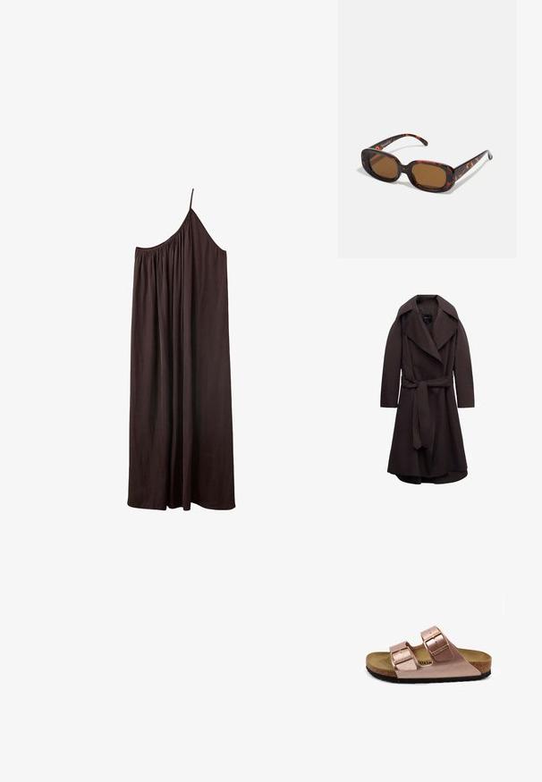Trench-coat long marron foncé avec de larges revers et une ceinture assortie en tissu nouée à la taille, présenté sur un fond blanc.; Robe longue asymétrique marron foncé avec une fine bretelle et un tissu froncé au niveau de l'encolure sur fond blanc.; Sandale en cuir vegan rose avec deux sangles réglables à boucle, semelle en liège et semelle en caoutchouc noire. Design minimaliste avec un profil plat.; Lunettes de soleil en écaille de tortue avec une forme rectangulaire, verres marron, monture en plastique lisse et branches fines avec des motifs tonals subtils.