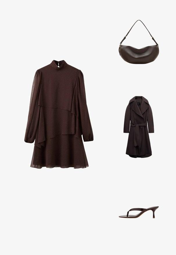 Trench-coat long marron foncé avec de larges revers et une ceinture assortie en tissu nouée à la taille, présenté sur un fond blanc.; Robe marron foncé à manches longues avec ourlet asymétrique en couches, col montant avec fermeture bouton à découpe en goutte, et motif à petits pois subtil.; Sandale à talon en cuir verni noir avec bride entre les orteils et un talon petit kitten élancé de hauteur moyenne, vue de côté sur fond blanc.; Sac à bandoulière en cuir marron foncé avec une forme courbée, une sangle réglable et une fermeture éclair dorée le long du bord inférieur.