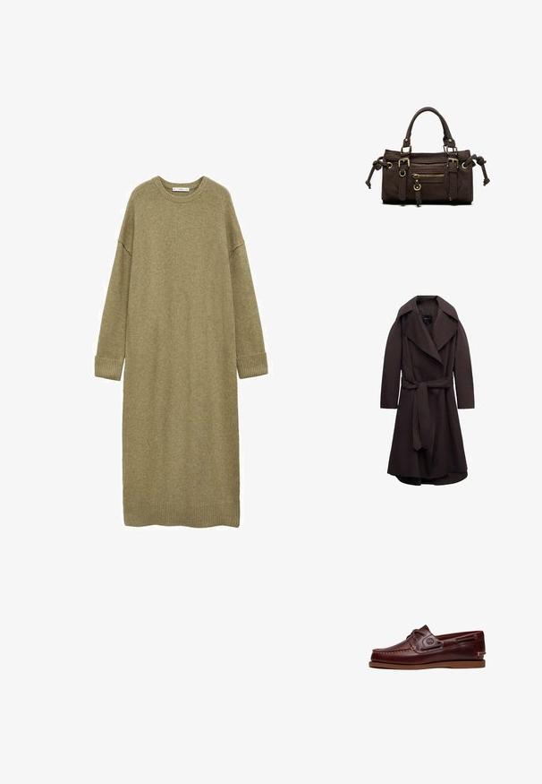 Dunkelbrauner langer Trenchcoat mit breiten Revers und passendem Stoffgürtel, der in der Taille gebunden ist, vor weißem Hintergrund dargestellt.; Strickkleid in Olivgrün, knielang, mit lockerer Passform, rundem Ausschnitt und langen Ärmeln. Verfügt über gerippte Bündchen und Saum. Weiche Textur.; Brauner Leder-Bootsschuh mit Schnürsenkeln, Nahtdetails und Timberland-Logo an der Seite, auf weißem Hintergrund gezeigt.; Dunkelbraune Lederhandtasche mit doppelten Griffen, vorderer Reißverschlusstasche, dekorativen Schnallen und seitlichen Knoten auf weißem Hintergrund.