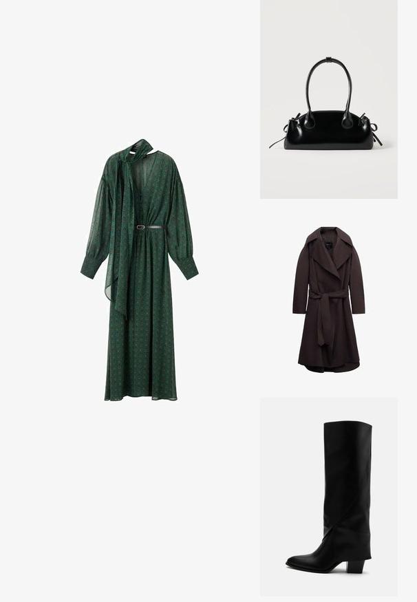 Abrigo largo tipo trench de color marrón oscuro con solapas anchas y un cinturón del mismo tejido atado en la cintura, mostrado sobre un fondo blanco.; Largo vestido verde con un estampado floral, que presenta un lazo en el cuello, mangas voluminosas y un cinturón que acentúa la cintura. Hecho de tela ligera.; Bota alta de cuero negro con costuras anguladas, puntera puntiaguda y tacón grueso de altura media sobre fondo blanco.; Pequeño bolso negro brillante con dos asas largas y detalles de cordón lateral sobre un fondo claro liso.