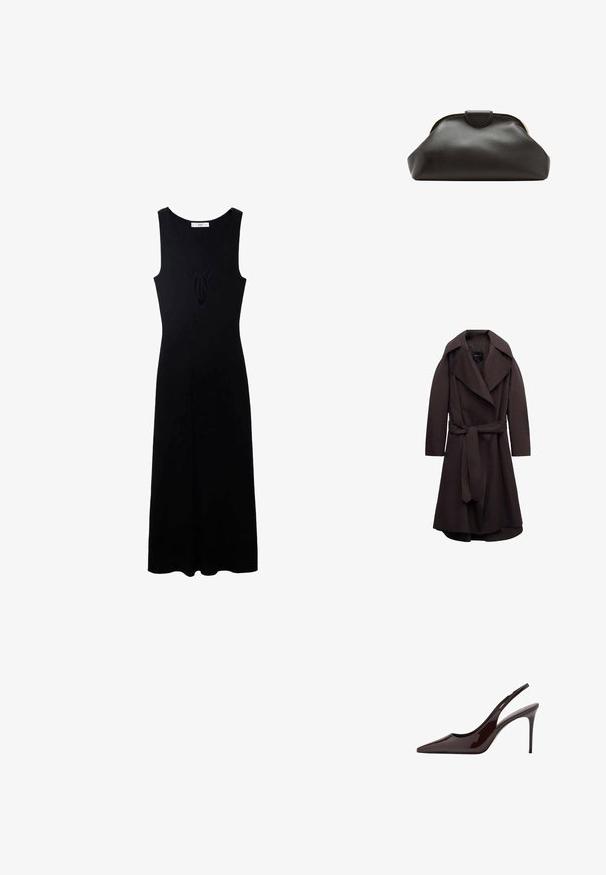 Donkere bruine lange trenchcoat met brede revers en een bijpassende stoffen riem gestrikt in de taille, weergegeven op een witte achtergrond.; Zwarte mouwloze jurk met een V-hals, voorzien van een strikdetail aan de voorkant en een vloeiende, A-lijn silhouet. Gemaakt van een gladde stof.; Donkerbruine lakleren slingbacks met hoge hak, spits toelopende neus en slanke stilettohak tegen een witte achtergrond.; Zachte zwarte leren clutch met een afgerond frame en een kleine lipsluiting bovenin het midden.