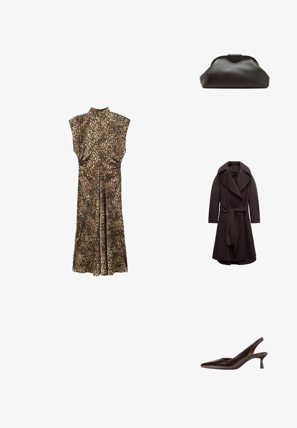 Mørkebrun lang trenchcoat med brede revers og et matchende stofbælte bundet i taljen, vist på hvid baggrund.; Ærmeløs lang kjole med høj hals og leopardmønster, prydet med lette samlinger i taljen for at give form.; Mørkebrun læder slingback kitten hæl sko med spids tå og slank mellemhøj hæl på hvid baggrund.; Blød sort læder clutch taske med en rundet ramme og en lille lukning i toppen midt på.
