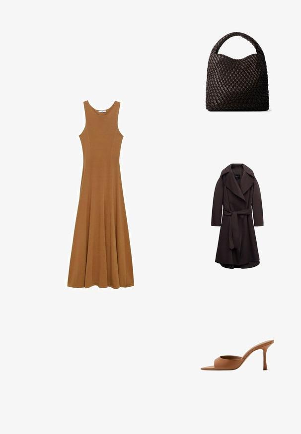 Abrigo largo tipo trench de color marrón oscuro con solapas anchas y un cinturón del mismo tejido atado en la cintura, mostrado sobre un fondo blanco.; Vestido maxi sin mangas de color marrón, hecho de una tela suave, con un cuerpo ajustado y una falda acampanada. Diseño simple sin patrones ni acentos visibles.; Zueco abierto de cuero marrón con tacón alto y delgado y una amplia correa en la parte frontal, mostrado de perfil sobre un fondo blanco.; Bolso de mano de cuero tejido marrón oscuro con un asa redondeada y una forma rectangular suave y relajada sobre un fondo blanco.