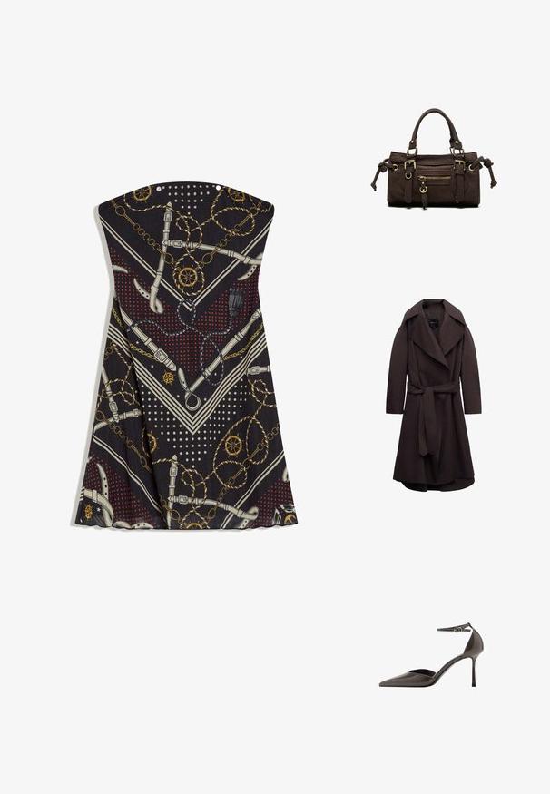 Trench-coat long marron foncé avec de larges revers et une ceinture assortie en tissu nouée à la taille, présenté sur un fond blanc.; Robe noire sans bretelles à pois rouges, ceintures blanches, chaînes dorées, cordes nautiques et motifs de roue de navire.; Escarpin à talon haut en cuir verni marron, avec un bout pointu, une bride à la cheville et un talon stiletto fin. Texture lisse et design minimaliste.; Sac à main en cuir marron foncé avec double poignée, poche avant zippée, boucles décoratives et nœuds latéraux sur fond blanc.