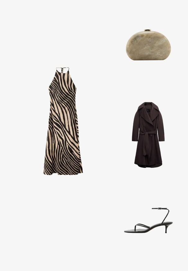Trench-coat long marron foncé avec de larges revers et une ceinture assortie en tissu nouée à la taille, présenté sur un fond blanc.; Robe longue à col halter avec motif rayures zèbre noir et beige, bas évasé et fermeture par lien au cou.; Sandale noire à brides fines avec boucle fine à la cheville, boucle pour l’orteil et talon kitten fin de hauteur moyenne sur fond blanc.; Petit sac pochette rigide beige marbré avec une forme arrondie et une fermeture à clip dorée sur le dessus.