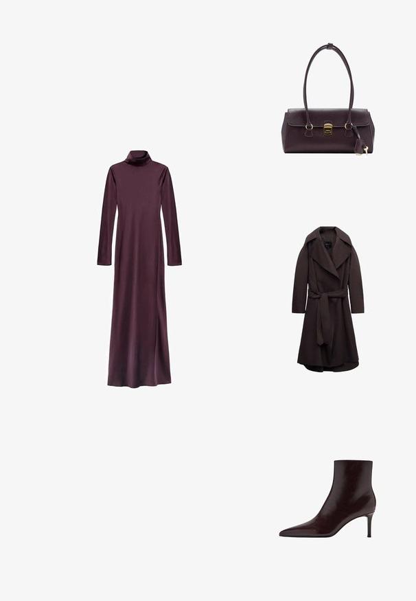 Donkere bruine lange trenchcoat met brede revers en een bijpassende stoffen riem gestrikt in de taille, weergegeven op een witte achtergrond.; Langshemd, turtleneck jurk in diep bordeauxrood, gemaakt van een gladde stof. Heeft een rechte silhouet en reikt tot halverwege het onderbeen. Geen zichtbare patronen.; Bordeaux leren enkelboot met een spitse neus, slank design en een hoge stiletto hak. Vloeiende textuur met subtiele korrel details.; Donkerpaarse leren handtas met een gestructureerd ontwerp, dubbele handgrepen, gouden beslag en een platte klep met een sluiting en sleutelhangerdetail.