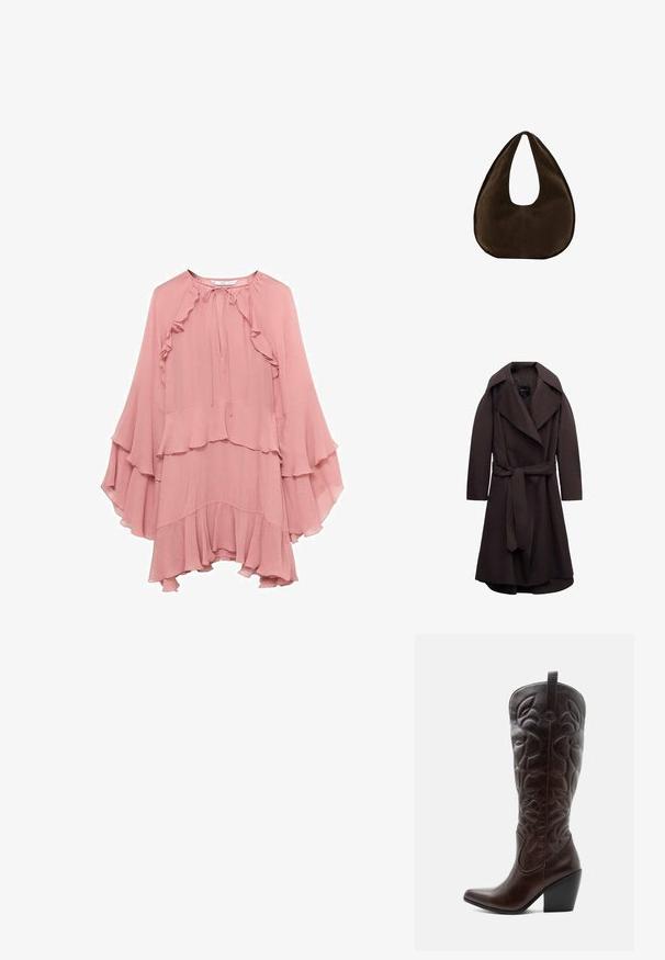 Mørkebrun lang trenchcoat med brede revers og et matchende stofbælte bundet i taljen, vist på hvid baggrund.; Lyserød chiffon kjole med en afslappet pasform, prydet med flæser ved halsudskæringen, ærmerne og kanten, samt en bindelukning ved halsen.; Høj mørkebrun læder cowboystøvle med syede dekorative mønstre, spids tå og stablet blokhæle.; Mørkebrun ruskind skuldertaske formet som en halvmåne med en bred rem og glat tekstur på en hvid baggrund.