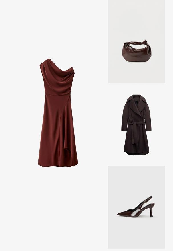 Trench-coat long marron foncé avec de larges revers et une ceinture assortie en tissu nouée à la taille, présenté sur un fond blanc.; Robe midi asymétrique en satin bordeaux avec une épaule dénudée, un col drapé et un détail subtil de fronces sur le côté de la jupe.; Talons slingback en cuir verni brun avec un bout pointu, un talon fin, et une sangle réglable avec une petite boucle.; Sac bandoulière en cuir marron foncé avec une forme souple et décontractée et une anse nouée torsadée sur un fond blanc uni.