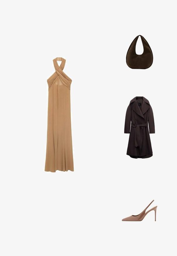 Mørkebrun lang trenchcoat med brede revers og et matchende stofbælte bundet i taljen, vist på hvid baggrund.; Halter-neck kjole i blød beige stof, med plisserede detaljer ved halsudskæringen og et flydende, gulvlangt design.; Brun laklæder slingback stilet hæl med spids tå og slank høj hæl på hvid baggrund.; Mørkebrun ruskind skuldertaske formet som en halvmåne med en bred rem og glat tekstur på en hvid baggrund.