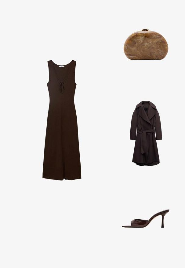 Trench-coat long marron foncé avec de larges revers et une ceinture assortie en tissu nouée à la taille, présenté sur un fond blanc.; Robe sans manches marron avec un décolleté en V, détails à nouer à l'avant et une silhouette fluide, fabriquée à partir d'un tissu lisse.; Mule en cuir verni marron foncé, à bout ouvert, avec une large bride et un talon haut fin sur fond blanc.; Pochette ovale marron marbrée avec fermoir doré en haut sur fond blanc.