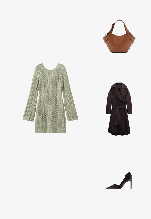 Trench-coat long marron foncé avec de larges revers et une ceinture assortie en tissu nouée à la taille, présenté sur un fond blanc.; Robe tricotée vert clair à manches longues avec motif en dentelle et col rond, présentée à plat sur un fond blanc.; Escarpin noir en cuir avec un bout pointu et un design à côtés ouverts. Le talon est fin et élégamment effilé. Fini lisse.; Sac à main en cuir marron avec une large forme courbée, une bandoulière réglable unique et des bords cousus sur fond blanc.