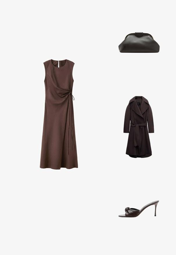 Trench-coat long marron foncé avec de larges revers et une ceinture assortie en tissu nouée à la taille, présenté sur un fond blanc.; Robe midi sans manches de couleur brun foncé avec encolure ronde et détail noué sur le côté créant un drapé froncé d'un côté.; Mule en cuir marron foncé à talon haut avec un bout ouvert et un détail de nœud sur la bride avant.; Pochette en cuir noir souple avec un cadre arrondi et une petite fermeture à languette en haut au centre.