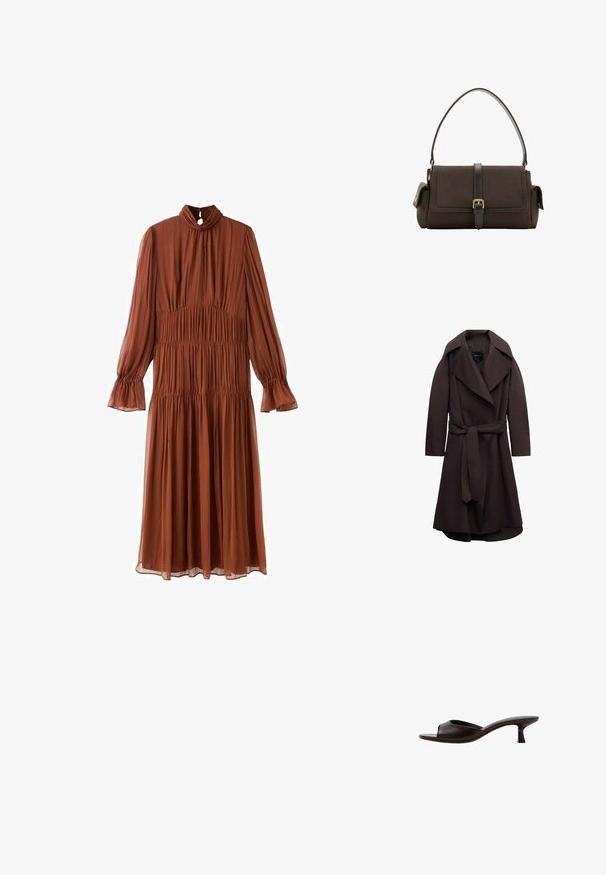 Trench-coat long marron foncé avec de larges revers et une ceinture assortie en tissu nouée à la taille, présenté sur un fond blanc.; Robe midi à manches longues de couleur rouille, avec col montant, détails de tissu plissé et poignets évasés sur fond blanc.; Sandale mule noire à bout ouvert avec un talon bas courbé et une tige en cuir lisse sur fond blanc.; Sac à main rectangulaire marron foncé avec une longue bandoulière, rabat avant sécurisé par une lanière verticale à boucle, et petites poches latérales avec fermeture par boutons.