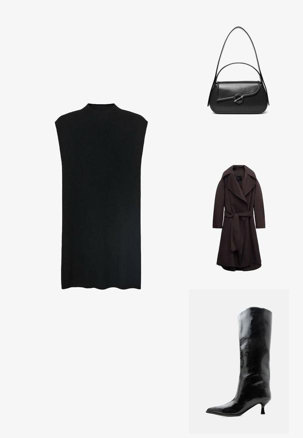 Abrigo largo tipo trench de color marrón oscuro con solapas anchas y un cinturón del mismo tejido atado en la cintura, mostrado sobre un fondo blanco.; Túnica negra sin mangas con un cuello alto, tejido suave, corte holgado y una silueta recta. El dobladillo es ligeramente curvado en la parte inferior.; Bota negra de cuero brillante hasta la rodilla con punta puntiaguda y tacón bajo curvado sobre un fondo claro y liso.; Bolso de hombro de cuero negro con una solapa curva asegurada por un broche metálico redondo y una correa delgada y ajustable.