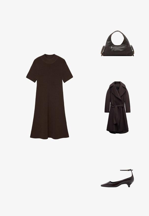 Donkere bruine lange trenchcoat met brede revers en een bijpassende stoffen riem gestrikt in de taille, weergegeven op een witte achtergrond.; Bruine gebreide jurk met korte mouwen, een ronde halslijn en een uitlopende snit. Textuurstof met een geribbeld patroon overal.; Donkerbruine leren kittenheel schoenen met een spitse neus, een dunne enkelband en een kleine gouden gesp.; Zwarte leren handtas met een afgeronde bovenkant handvat, twee zijvakken met ritsen en een gladde textuur. Licht slappe vormgeving.