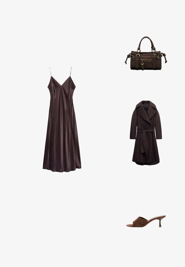 Donkere bruine lange trenchcoat met brede revers en een bijpassende stoffen riem gestrikt in de taille, weergegeven op een witte achtergrond.; Chocoladebruine slipdress van satijn met een V-hals, dunne bandjes en een vloeiende zoom die halverwege de kuit valt. Soepele textuur en minimalistisch ontwerp.; Bruine suède open-toe mule met een middelhoog, gebogen houten hak en slip-on ontwerp op een witte achtergrond.; Donkerbruine leren handtas met dubbele handvatten, voorvak met ritssluiting, decoratieve gespen en zijknopen op een witte achtergrond.