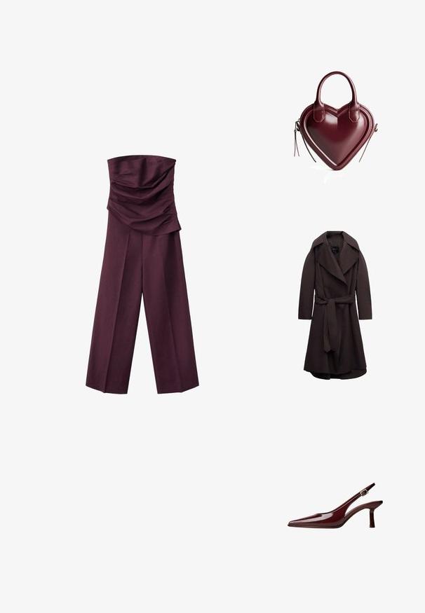 Trench-coat long marron foncé avec de larges revers et une ceinture assortie en tissu nouée à la taille, présenté sur un fond blanc.; Combinaison prune sans bretelles avec un corsage froncé et plié et un pantalon à jambes larges, présentée sur fond blanc.; Pompe slingback en cuir verni bordeaux avec un bout pointu, un talon kitten de hauteur moyenne et une sangle à boucle en argent sur fond blanc.; Sac à main en cuir bordeaux en forme de cœur, avec une texture lisse, deux poignées courtes et une fermeture éclair agrémentée d'un gland.