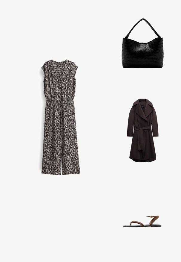 Donkere bruine lange trenchcoat met brede revers en een bijpassende stoffen riem gestrikt in de taille, weergegeven op een witte achtergrond.; Zwart en crèmekleurig jumpsuit met patroon, korte mouwen, V-hals en elastische tailleband. Stof lijkt lichtgewicht met een vloeiende uitstraling.; Bruine platte sandaal met dunne bandjes, teenlus en enkelriem met een kleine gouden gesp, op een zwarte zool.; Zwarte geweven handtas met een enkele gevlochten hengsel, rechthoekige vorm en glanzend gestructureerd oppervlak.