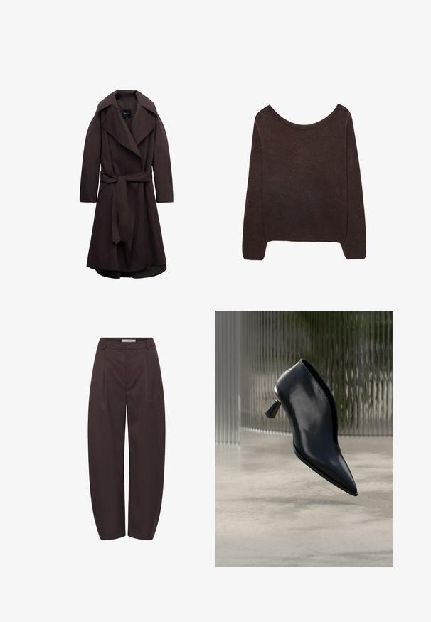 Trench-coat long marron foncé avec de larges revers et une ceinture assortie en tissu nouée à la taille, présenté sur un fond blanc.; Pull en tricot marron avec un col dénudé, des manches longues et des poignets à côtes. Texture douce avec une finition de surface lisse.; Pantalon marron foncé taille haute à jambes larges, avec passants de ceinture, plis devant et fermeture de braguette cachée.; Bottine noire en cuir à bout pointu, design ajusté et talon de hauteur moyenne à forme unique sur un sol en béton lisse.