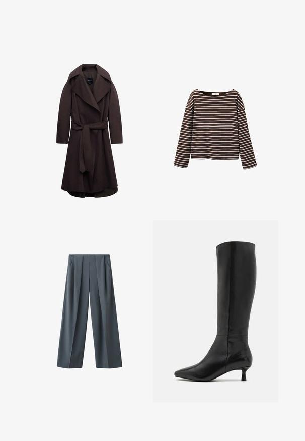 Donkere bruine lange trenchcoat met brede revers en een bijpassende stoffen riem gestrikt in de taille, weergegeven op een witte achtergrond.; Bruin shirt met lange mouwen en witte horizontale strepen, met een brede ronde halslijn, weergegeven tegen een witte achtergrond.; Donkergrijze wijde broek met voorplooien en zijzakken, afgebeeld op een witte achtergrond.; Zign by Zalando Laarzen - black