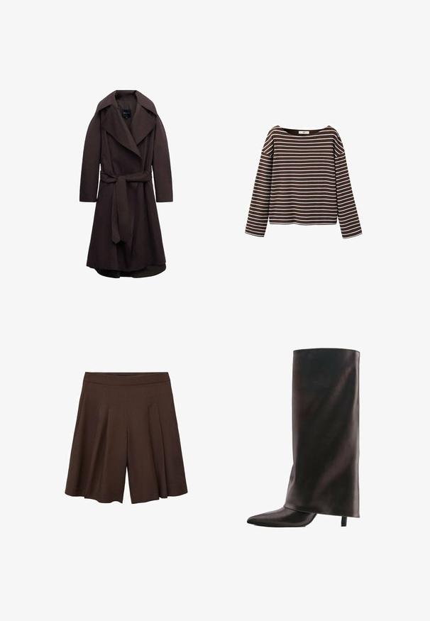 Donkere bruine lange trenchcoat met brede revers en een bijpassende stoffen riem gestrikt in de taille, weergegeven op een witte achtergrond.; Bruin shirt met lange mouwen en witte horizontale strepen, met een brede ronde halslijn, weergegeven tegen een witte achtergrond.; Bruine geplooide shorts met een hoge taille. De stof lijkt glad en lichtgewicht, met diepe, scherpe plooien voor een vloeiende uitstraling.; Hoge zwarte leren laars met een puntige neus en een smalle middenhoge hak op een witte achtergrond.