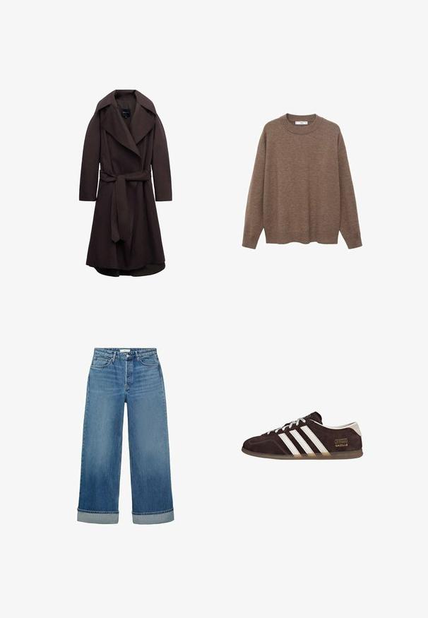Donkere bruine lange trenchcoat met brede revers en een bijpassende stoffen riem gestrikt in de taille, weergegeven op een witte achtergrond.; Bruin gebreid sweater met een ronde halslijn en lange mouwen. Kenmerkt zich door een relaxte pasvorm en geribbelde manchetten en zoom voor extra textuur.; Wijde blauwe denim jeans met een middelmatige wassing en opgerolde broekspijpen. Heeft de klassieke vijf-pocket styling en een knoopsluiting.; Bruine suède sneakers met drie witte strepen, rubberen zool en een tekstlabel met de tekst "Gazelle" in goud. Vetersluiting met grijze veters.