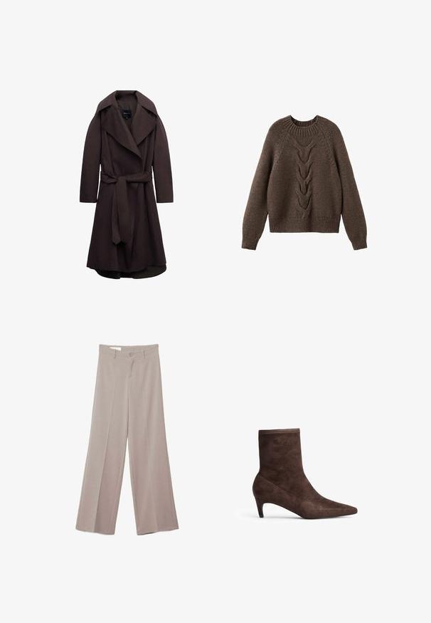 Mørkebrun lang trenchcoat med brede revers og et matchende stofbælte bundet i taljen, vist på hvid baggrund.; Brun strikket sweater med rund halsudskæring, lange ærmer og et kabelstrikdesign, der løber ned langs fronten. Ribbet kant og manchetter.; Beige bukser med vide ben, flad front, to forlommer, knaplukning og en glat, let struktureret stofoverflade.; Brune ruskindsankelboot med spids tå og slank hæl. Har en glat overflade og et højt skaftdesign.