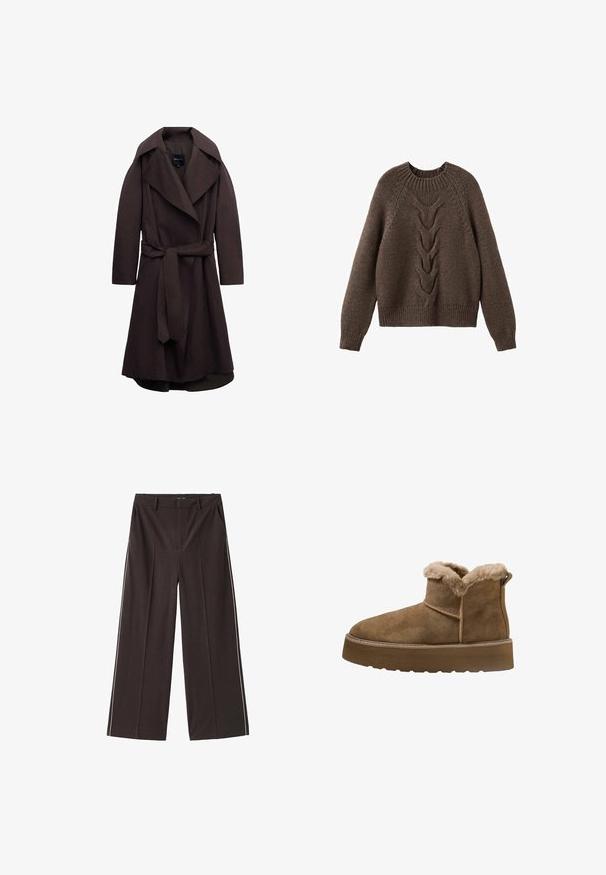 Donkere bruine lange trenchcoat met brede revers en een bijpassende stoffen riem gestrikt in de taille, weergegeven op een witte achtergrond.; Bruin gebreid sweater met een ronde halslijn, lange mouwen en een kabelbrei ontwerp dat over de voorkant loopt. Geribbelde zoom en manchetten.; Bruine wijde broek gemaakt van gladde stof met witte zijkanten. Kenmerken zijn onder andere voorzakken en een hoge tailleband.; Bruine suède enkellaarzen met een nepbontvoering, ronde neus en een dikke plateauzool; heeft een gestikte naad en een trekband aan de achterkant.