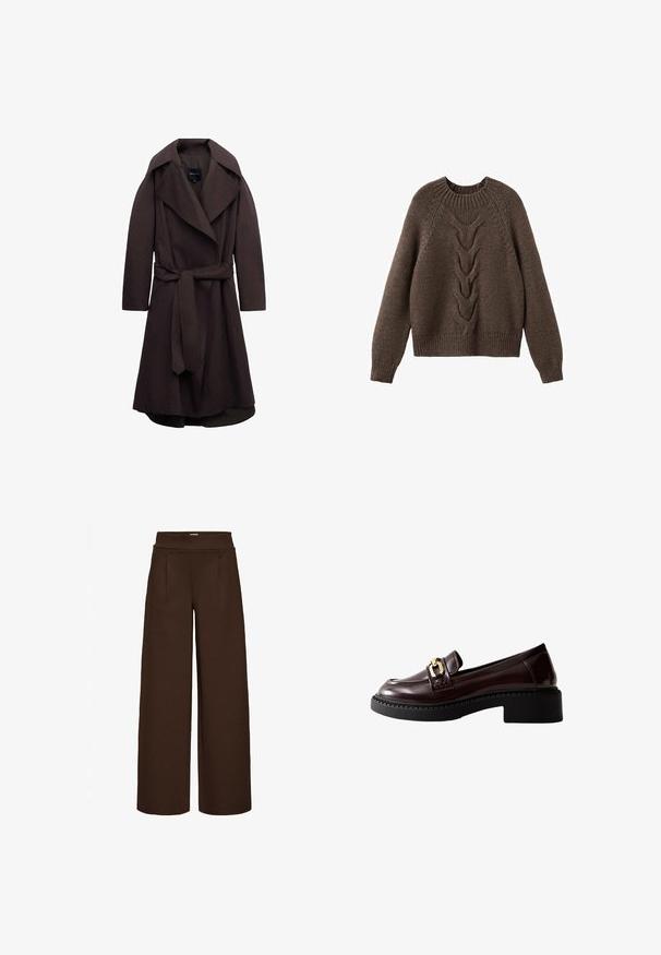 Donkere bruine lange trenchcoat met brede revers en een bijpassende stoffen riem gestrikt in de taille, weergegeven op een witte achtergrond.; Bruin gebreid sweater met een ronde halslijn, lange mouwen en een kabelbrei ontwerp dat over de voorkant loopt. Geribbelde zoom en manchetten.; Bruine wijde broek gemaakt van gladde stof, met een hoge taille en twee plooien aan de voorkant, ontworpen voor een losse pasvorm.; Bruine gepatenteerde leren loafers met een chunky zwarte zool, voorzien van een gouden gespaccent aan de voorkant en subtiele stikdetails aan de zijkanten.