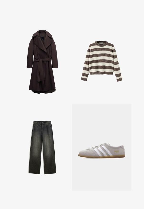 Mørkebrun lang trenchcoat med brede revers og et matchende stofbælte bundet i taljen, vist på hvid baggrund.; Stripet pullover sweater i creme og mørkebrun. Ribstrikket rund hals, lange ærmer og en kortet kant. Blød tekstur med en afslappet pasform.; Bredde ben jeans i mørkegrå denim med en falmet finish, fem-lomme design og en knaplukning i taljen.; Grå suedestøvle med hvide læderstriber og guldlogo-detalje. Flad gummisål, rund tå og klassisk snølukkedesign.