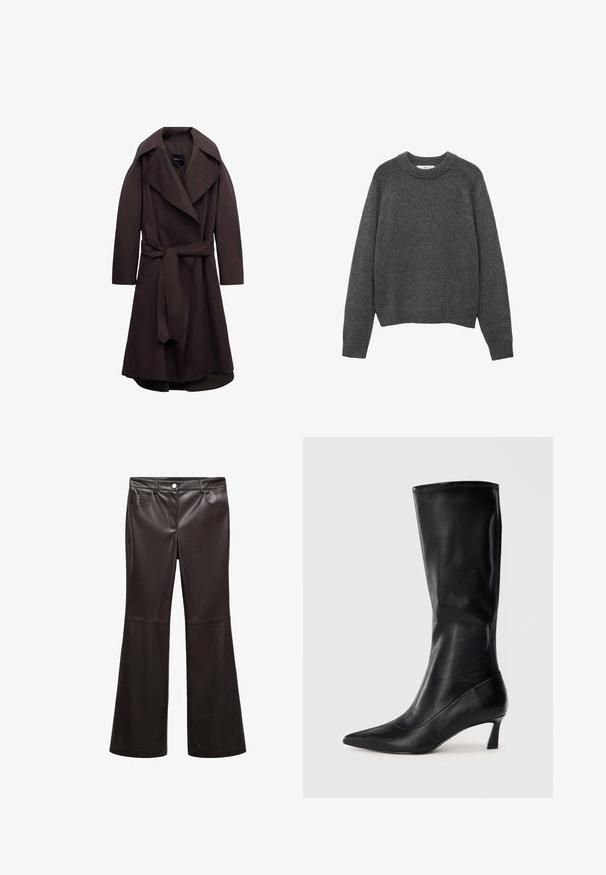 Mørkebrun lang trenchcoat med brede revers og et matchende stofbælte bundet i taljen, vist på hvid baggrund.; Mørkegrå sweater med rund hals, ribbede manchetter og kant. Strikket tekstur med en afslappet pasform og lange ærmer.; Sorte flare bukser lavet af glat kunstlæder, med forlommer, lynlås og en sølvknap. Desuden detaljeret syning.; Sorte læderknæhøje støvler med spidse tæer og en modest hæl. Glat tekstur og slankt design med subtile syninger.