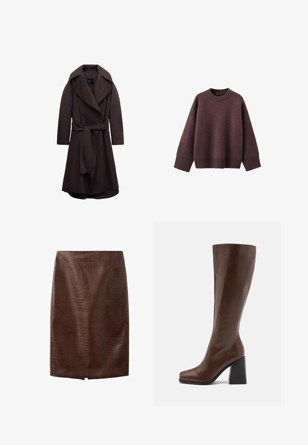 Trench-coat long marron foncé avec de larges revers et une ceinture assortie en tissu nouée à la taille, présenté sur un fond blanc.; Pull ample de couleur bordeaux foncé, en tissu tricoté doux. Il présente un col rond côtelé, de larges manches et un ourlet côtelé.; Jupe crayon en cuir synthétique marron foncé façon crocodile avec une petite fente avant à l'ourlet, longueur genou, sans fermetures apparentes ni ornements.; RAID RENZO - Bottes - brown