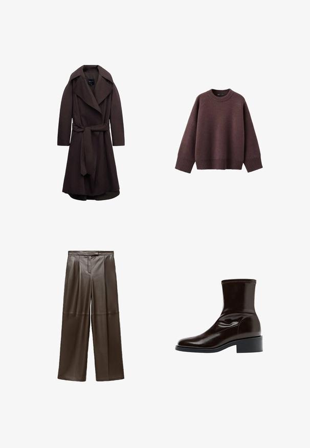 Mørkebrun lang trenchcoat med brede revers og et matchende stofbælte bundet i taljen, vist på hvid baggrund.; Løs pasform sweater i mørk bordeaux, lavet af blødt strikket stof. Har en ribstrikket rund hals, vide ærmer og en ribstrikket kant.; Brune læder brede bukser med en glat tekstur, der har folder foran og et klassisk taljebånddesign.; Mørkebrun læderankelstøvle med firkantet tå, lav blokhæle og stikning langs øverste kant, vist i sideprofil.