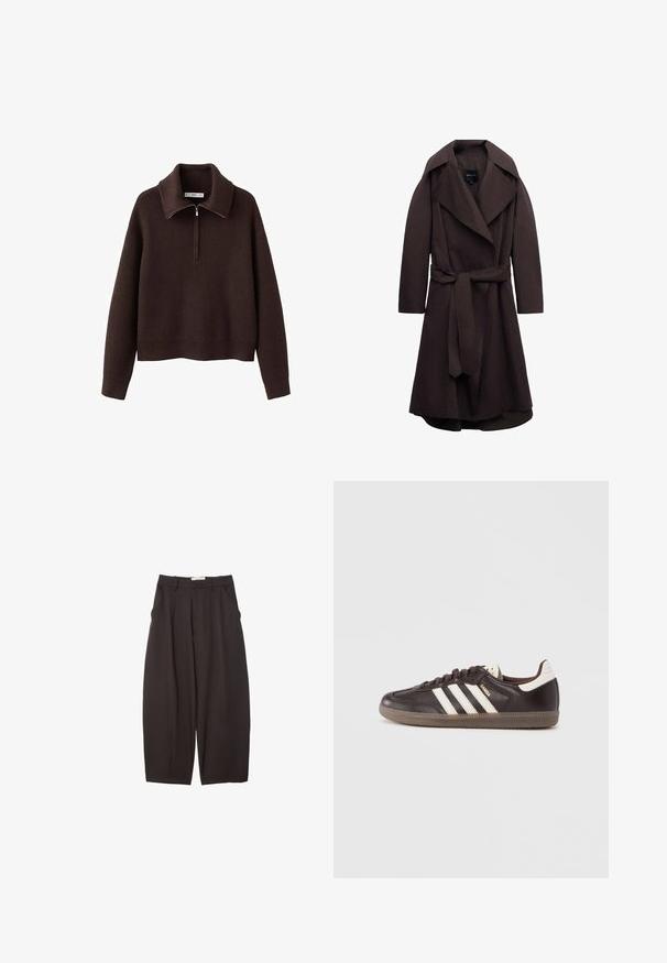 Trench-coat long marron foncé avec de larges revers et une ceinture assortie en tissu nouée à la taille, présenté sur un fond blanc.; Pull-over marron côtelé avec col montant et fermeture à demi-zip. Présente une coupe décontractée et une texture douce.; Pantalons larges noirs en tissu lisse, avec une taille haute, des plis avant et des poches latérales. Design simple sans embellissements.; Baskets en cuir marron foncé avec un design à trois bandes blanches, une semelle en caoutchouc et l'inscription "Samba" en lettres dorées sur le côté. Forme classique basse.