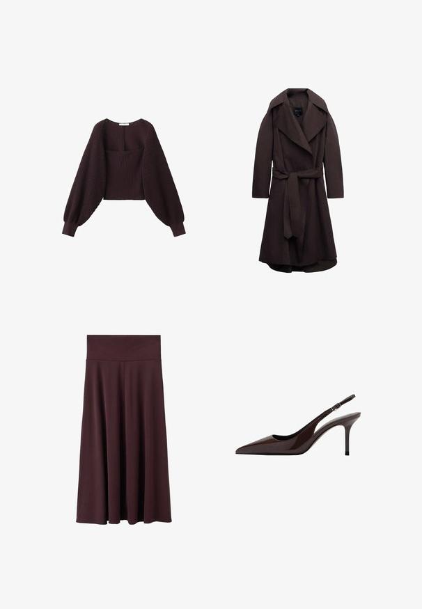 Trench-coat long marron foncé avec de larges revers et une ceinture assortie en tissu nouée à la taille, présenté sur un fond blanc.; Pull en maille marron foncé avec de larges manches ballon longues et un corps ajusté côtelé, doté d'un large décolleté carré.; Jupe midi bordeaux en tissu doux avec une large ceinture élastique. Présente une coupe fluide qui se resserre légèrement vers l'ourlet.; Talons slingbacks en cuir verni marron avec un bout pointu, un talon fin et une bride réglable. Texture lisse et finition brillante.