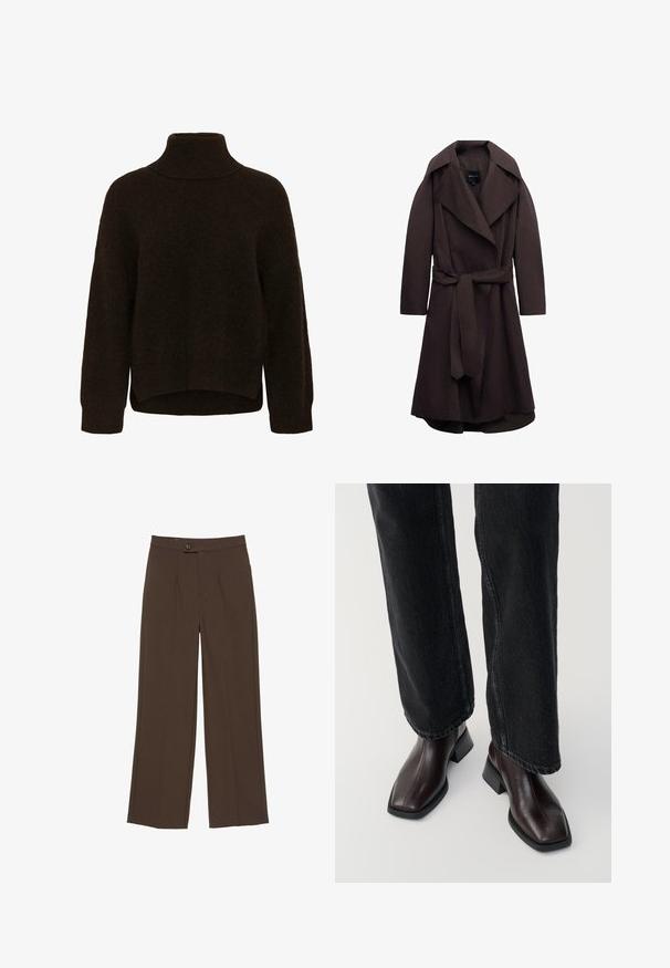 Trench-coat long marron foncé avec de larges revers et une ceinture assortie en tissu nouée à la taille, présenté sur un fond blanc.; Pull à col roulé en maille marron foncé avec manches longues, poignets côtelés et ourlet légèrement courbé, plus long à l'arrière.; Pantalon large marron avec un bouton à l'avant et une fermeture éclair dissimulée, présentant des plis marqués le long des jambes.; Bottines en cuir marron avec un orteil carré et un talon carré, associées à un jeans noir à jambes larges. Texture lisse et design minimaliste.