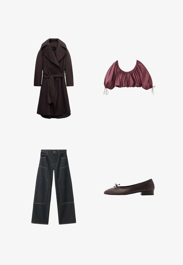 Mørkebrun lang trenchcoat med brede revers og et matchende stofbælte bundet i taljen, vist på hvid baggrund.; Beskåret, off-shoulder bluse i dyb mauve med samlet stof og elastiske pufærmer, bundet ved håndleddene.; Mørkeblå, bredbenede denimbukser med store forlommer og kontrasterende beige syninger. Har en knaplukning og bæltestropper.; Brune læder balletflade med rund tå og lille blokhæl. Har en tynd sløjfe foran og diskrete syningsdetaljer.