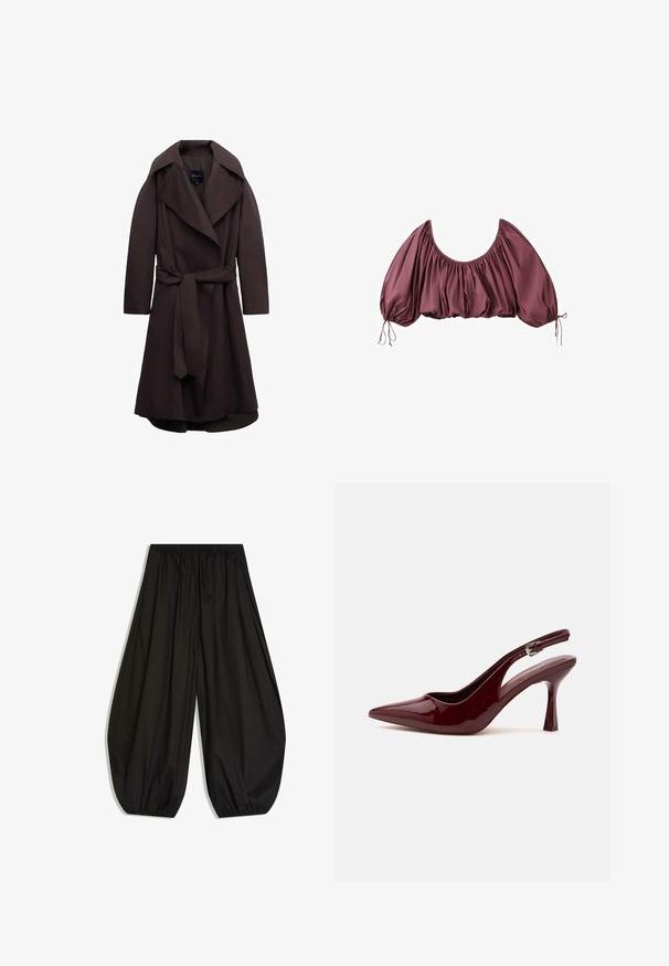 Trench-coat long marron foncé avec de larges revers et une ceinture assortie en tissu nouée à la taille, présenté sur un fond blanc.; Blouse courte épaules dénudées en mauve foncé, avec tissu froncé et manches bouffantes élastiquées, nouées aux poignets.; Pantalon large noir fluide avec taille élastique et poignets élastiques froncés aux chevilles, présenté sur fond blanc.; Chaussure à talon haut slingback rouge foncé brillant à bout pointu, avec une fine bride réglable et un talon aiguille effilé sur fond blanc.