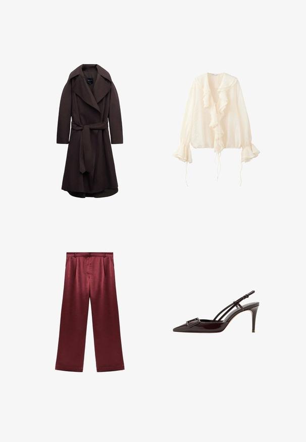 Abrigo largo tipo trench de color marrón oscuro con solapas anchas y un cinturón del mismo tejido atado en la cintura, mostrado sobre un fondo blanco.; Blusa de manga larga color crema con cuello con volantes, lazos delanteros y puños acampanados con detalles adicionales de lazos.; Pantalones de pierna ancha burdeos confeccionados en satén con una textura suave, presentan una cintura alta y dos bolsillos laterales para un detalle funcional.; Tacón de tiras traseras puntiagudas de charol negro con una hebilla decorativa y finas correas para el tobillo.