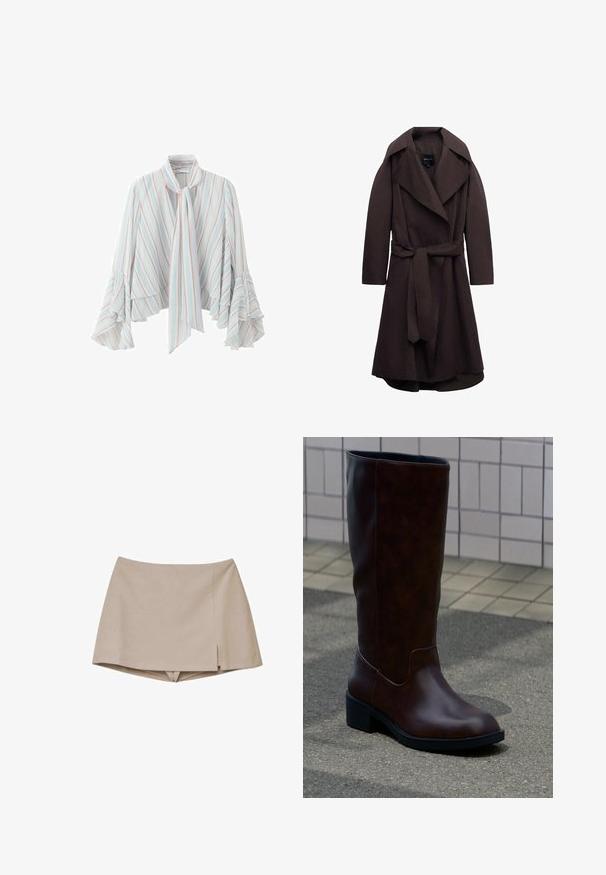Trench-coat long marron foncé avec de larges revers et une ceinture assortie en tissu nouée à la taille, présenté sur un fond blanc.; Blouse bleu clair avec des rayures pastel verticales, manches longues évasées à volants, col montant et un long lien noué à l'avant.; Mini-jupe beige avec une fente discrète à l'avant et un short intégré dessous, conçue pour un usage décontracté ou semi-formel.; Botte en cuir marron foncé mi-mollet avec un bout arrondi et un petit talon bloc, posée sur le trottoir près d’un mur carrelé.