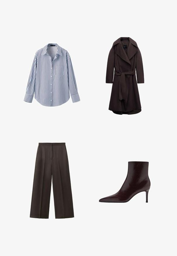 Trench-coat long marron foncé avec de larges revers et une ceinture assortie en tissu nouée à la taille, présenté sur un fond blanc.; Chemise à manches longues avec boutons, à rayures verticales bleues et brunes, col pointu, poche poitrine avant et poignets à boutons.; Pantalon noir à jambes larges avec taille haute, plis avant et poches latérales, conçu pour une tenue formelle ou professionnelle.; Bottine en cuir bordeaux avec un bout pointu, un design épuré et un haut talon aiguille. Texture lisse avec un discret grain.