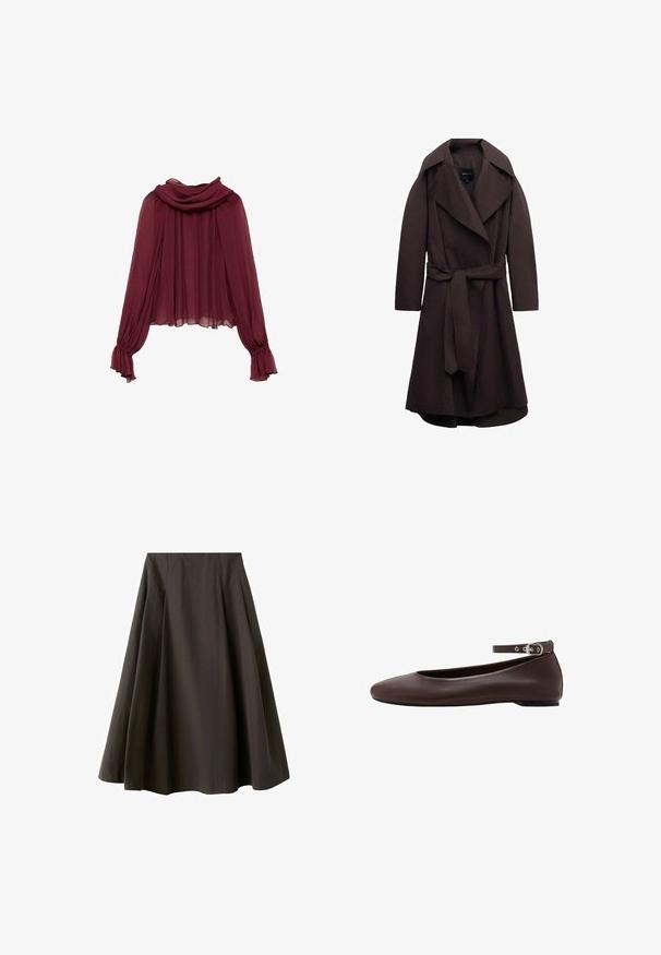 Donkere bruine lange trenchcoat met brede revers en een bijpassende stoffen riem gestrikt in de taille, weergegeven op een witte achtergrond.; Bordeaux chiffon blouse met een gedrapeerde hals en lange mouwen. De mouwen hebben gather cuffs, wat een vloeiende silhouet creëert.; Zwarte A-lijn rok met hoge taille en uitlopende zoom, gemaakt van gladde stof, getoond tegen een witte achtergrond.; Donkerbruine platte schoen met afgeronde neus en verstelbare enkelband met zilveren gesp op witte achtergrond.