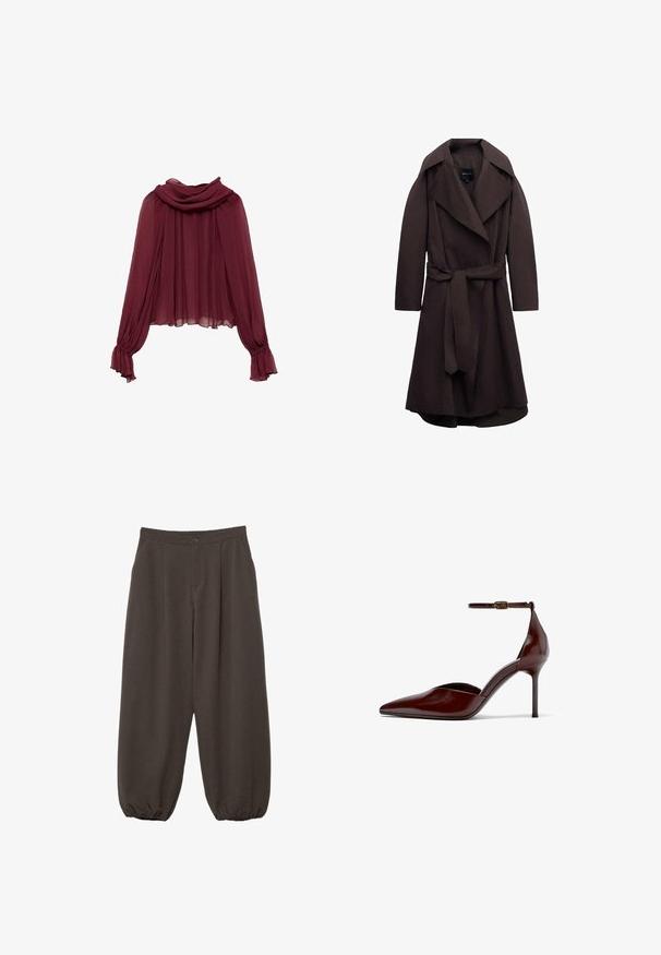 Tummanruskea pitkä trenssitakki, jossa on leveät kaulukset ja vyötärölle solmittu samaa kangasta oleva vyö, esitellään valkoisella taustalla.; Burgundy chiffon-paita, jossa on roikkuva kaula-aukko ja pitkät hihat. Hihassa on kerrokselliset hihansuut, jotka luovat sulavan siluetin.; Tummanruskeat väljät housut, joissa nappikiinnitys, edessä laskokset ja vyötärön ympärillä kuminauhalla viimeistellyt lahkeet.; Ruskea kiiltävä nahkainen kärjestä terävä korkokengän malli, jossa on nilkkaremmi ja ohut piikkikorko, kuvattuna sivulta valkoisella taustalla.