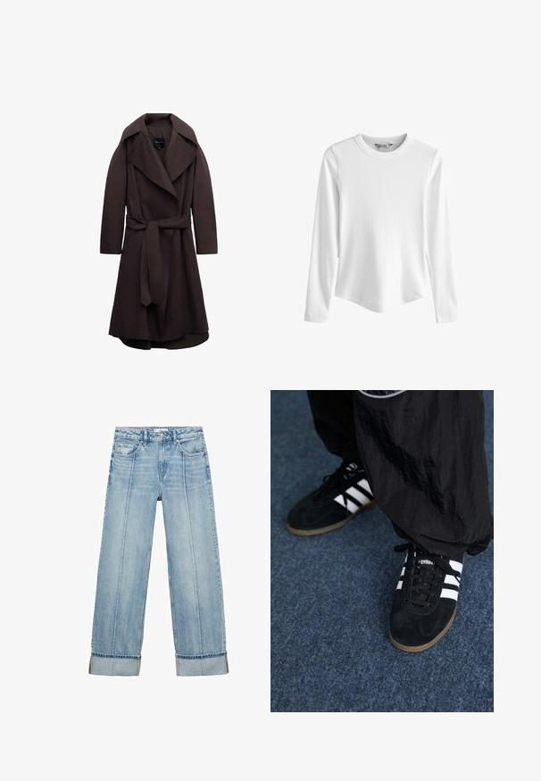 Donkere bruine lange trenchcoat met brede revers en een bijpassende stoffen riem gestrikt in de taille, weergegeven op een witte achtergrond.; Wit geribd top met lange mouwen, ronde hals en licht gebogen zoom, afgebeeld tegen een effen witte achtergrond.; Lichtblauwe denim wijde jeans met een hoge taille, voorzien van vijf zakken, zichtbare stiksels en opgerolde zomen bij de manchetten.; Zwarte suède sportschoenen met drie witte strepen en zwarte veters. Een gestructureerde zwarte broek is deels zichtbaar naast de schoenen.