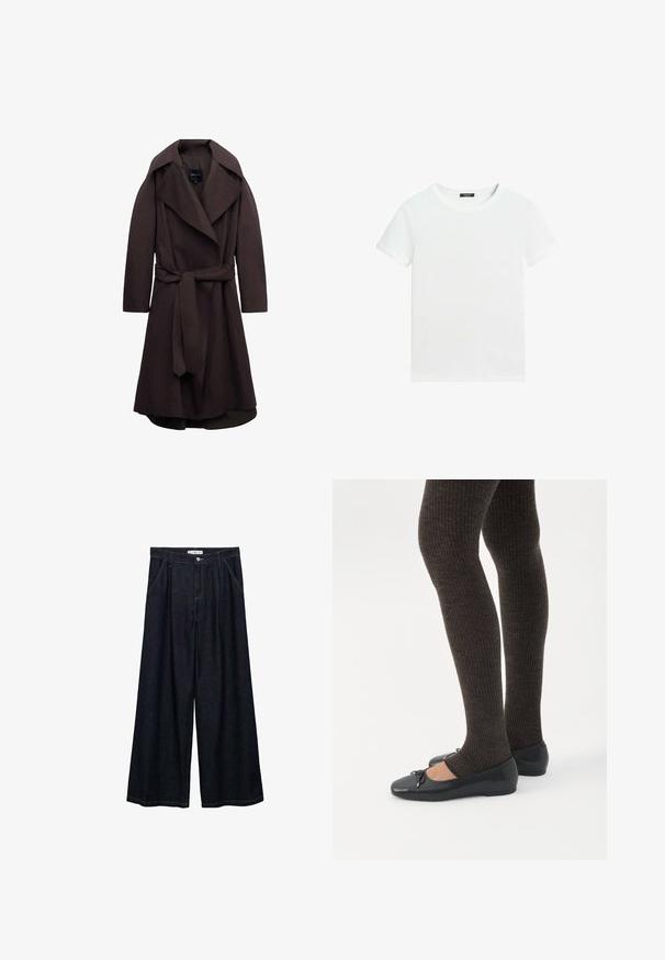 Dunkelbrauner langer Trenchcoat mit breiten Revers und passendem Stoffgürtel, der in der Taille gebunden ist, vor weißem Hintergrund dargestellt.; Schlichtes weißes T-Shirt mit kurzen Ärmeln, rundem Halsausschnitt und einem kleinen schwarzen Etikett innen am Kragen.; Dunkelblaue, weite High-Waist-Hosen aus Denim mit einem Knopfverschluss vorne, zwei Seitentaschen und Nähdetails.; Beine in dunklen, gerippten Leggings kombiniert mit schwarzen Ballerinas mit kleinen Schleifendetails auf weißem Hintergrund.