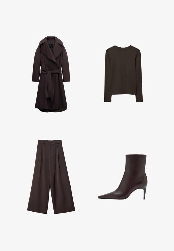Trench-coat long marron foncé avec de larges revers et une ceinture assortie en tissu nouée à la taille, présenté sur un fond blanc.; Haut à manches longues de couleur marron foncé en tissu doux. Il présente un col arrondi et un ourlet droit, sans motifs ni accents visibles.; Pantalon à jambes larges en tissu brun foncé, avec des plis, une fermeture par bouton, et une texture lisse ; longueur cheville avec une coupe ajustée.; Bottes en cuir marron à chevilles avec un bout pointu, tige élégante et un talon fin et haut. Texture lisse, design minimaliste, sans quincaillerie visible.