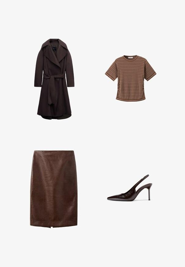 Trench-coat long marron foncé avec de larges revers et une ceinture assortie en tissu nouée à la taille, présenté sur un fond blanc.; T-shirt marron à manches courtes avec fines rayures blanches horizontales et col rond sur fond blanc.; Jupe crayon en cuir synthétique marron foncé façon crocodile avec une petite fente avant à l'ourlet, longueur genou, sans fermetures apparentes ni ornements.; Chaussure à talon haut pour femmes en cuir marron foncé, avec bride arrière, bout pointu et talon aigu slim, sur fond blanc.